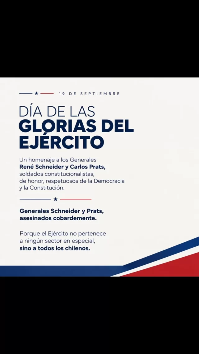🇨🇱 En este Día de las Glorias del Ejército, rindo homenaje a los generales René Schneider y Carlos Prats, soldados constitucionalistas, de honor y comprometidos con la democracia.

Su legado nos recuerda que el Ejército pertenece a todos los chilenos, no a un sector político.

Honor, democracia y Constitución.

#GloriasDelEjército #Democracia #Chile #RenéSchneider #CarlosPrats 

🧡UnSoloNorte